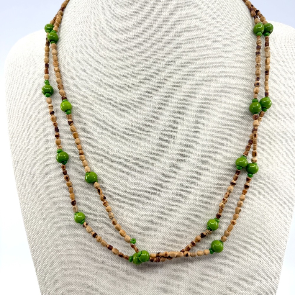 Boho Wood & Green Bead Double Strand Necklace - Cottagecore Natural Style